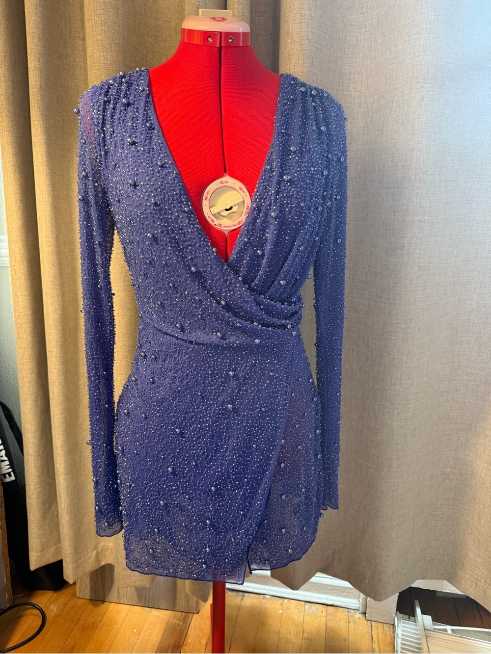 Oh Polly Elegant Beaded Long-Sleeve A -Line Wrap Mini Dress - Sapphire